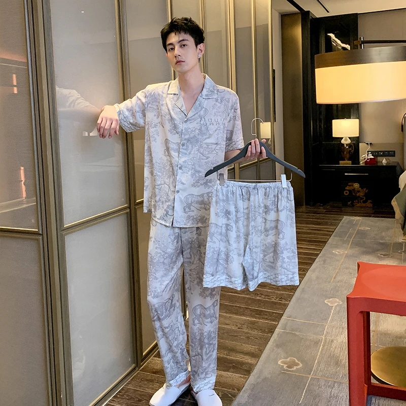 夏季男士睡衣冰丝三件套水墨画短袖大码男款休闲薄款春秋款家居服