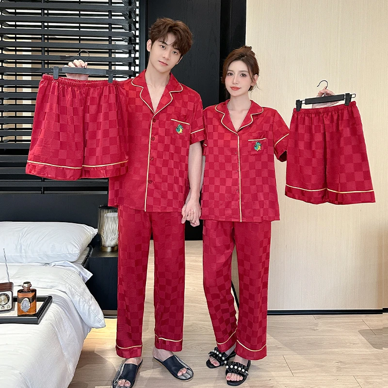 红色情侣睡衣套装女冰丝夏季短袖男士大码新婚结婚薄款时尚家居服