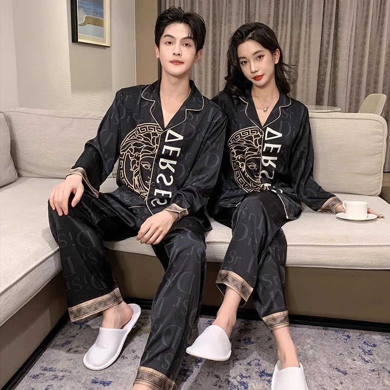 2024新款情侣冰丝睡衣女大码春秋款高级感套装男士薄款夏季家居服