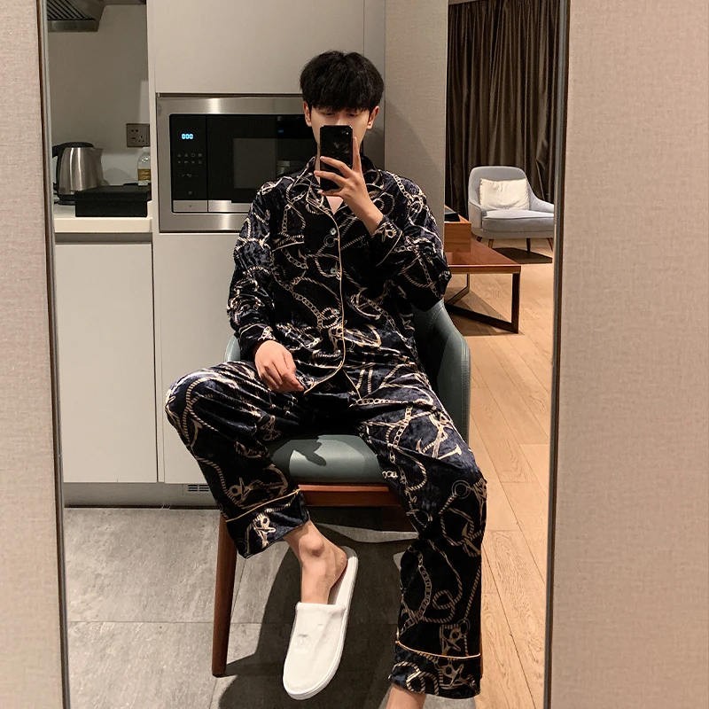 金丝绒睡衣男秋冬款薄绒男士套装大码春秋季高级感长袖休闲家居服