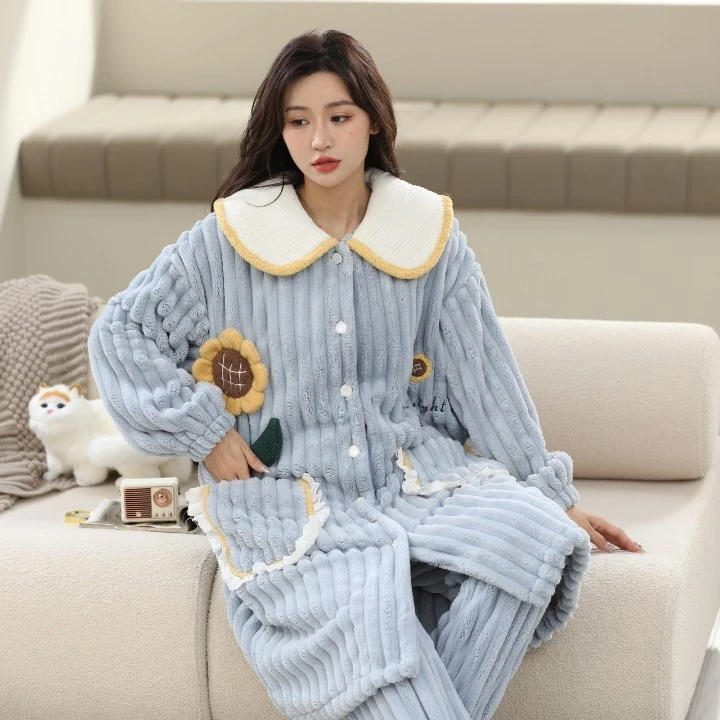 卡通加厚珊瑚绒睡衣女士秋冬季长款家居服保暖套装