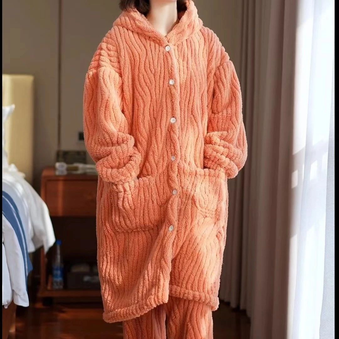 加厚提花长款珊瑚绒睡衣女士秋冬季睡袍套装连帽家居服保暖可外穿