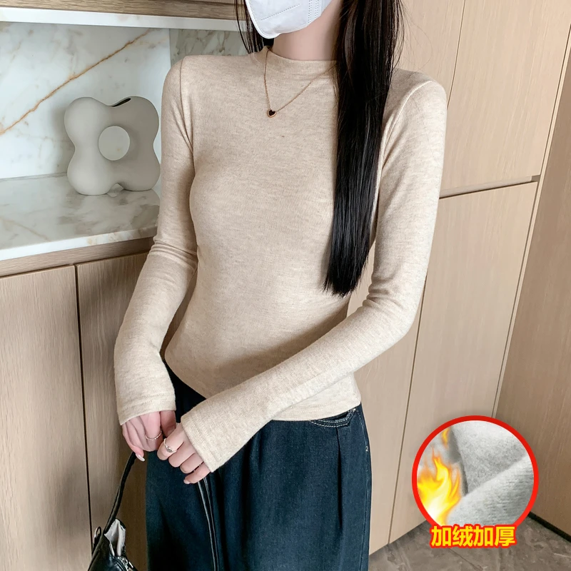 1063-小立领收褶打底衫女秋冬新款修身保暖长袖t恤内搭上衣纯色