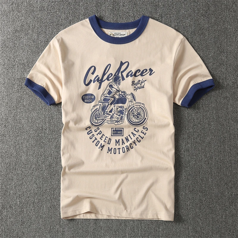 200g重磅双纱纯棉美式复古t恤摩托机车印花拼色圆领短袖T恤男女