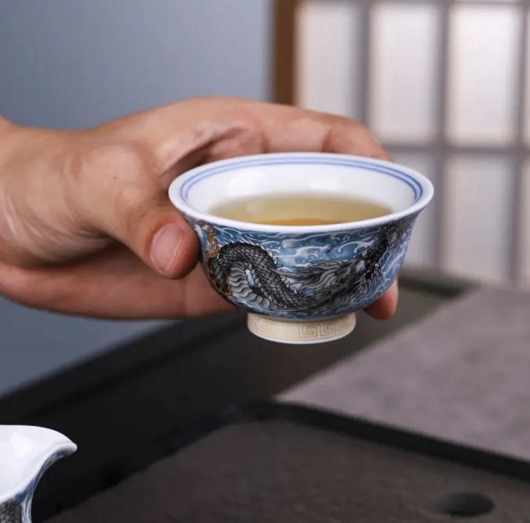 景德镇中式陶瓷墨龙游海茶具茶器高端手工堆白压手杯品茗杯