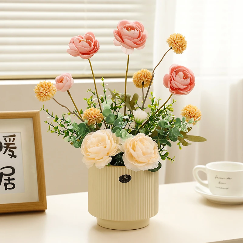 新款洋牡丹露莲手工仿真花摆件摆件陶瓷装饰纯手工田园摆放点缀