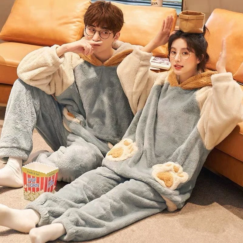 初居情侣睡衣秋冬季加厚法兰绒可爱麋鹿男女士家居服套装保暖加绒