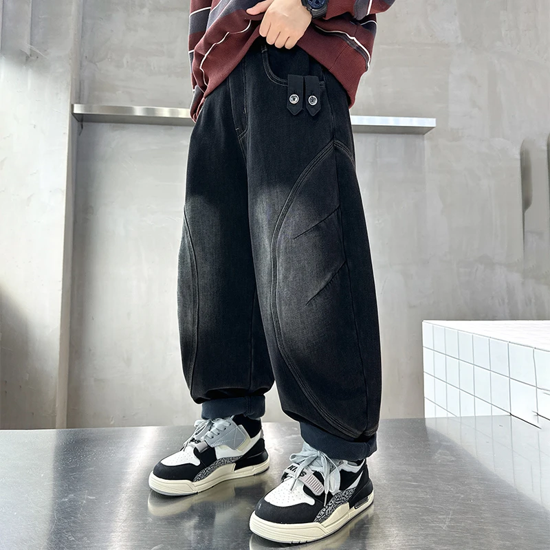 儿童加绒牛仔裤秋冬季2024新款男童装一体绒加厚直筒宽松冬装裤子