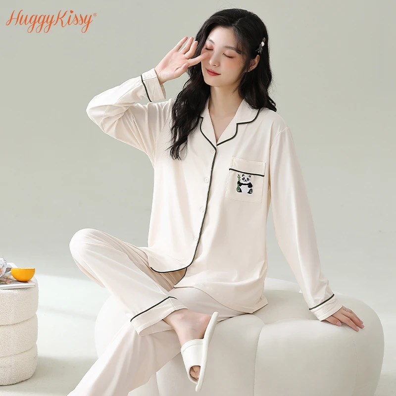 Huggy Kissy春秋季睡衣情侣套装长袖休闲女士家居服翻领男居家服