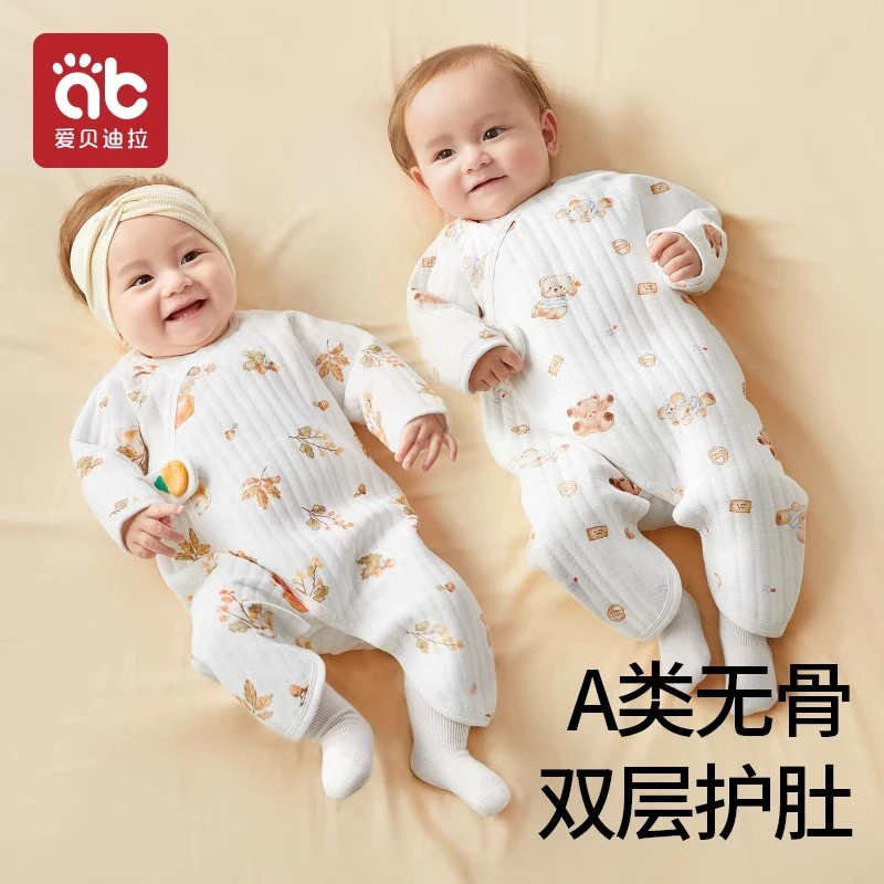 爱贝迪拉新生儿连体衣夹棉冬装秋季初生满月幼宝宝蝴蝶衣