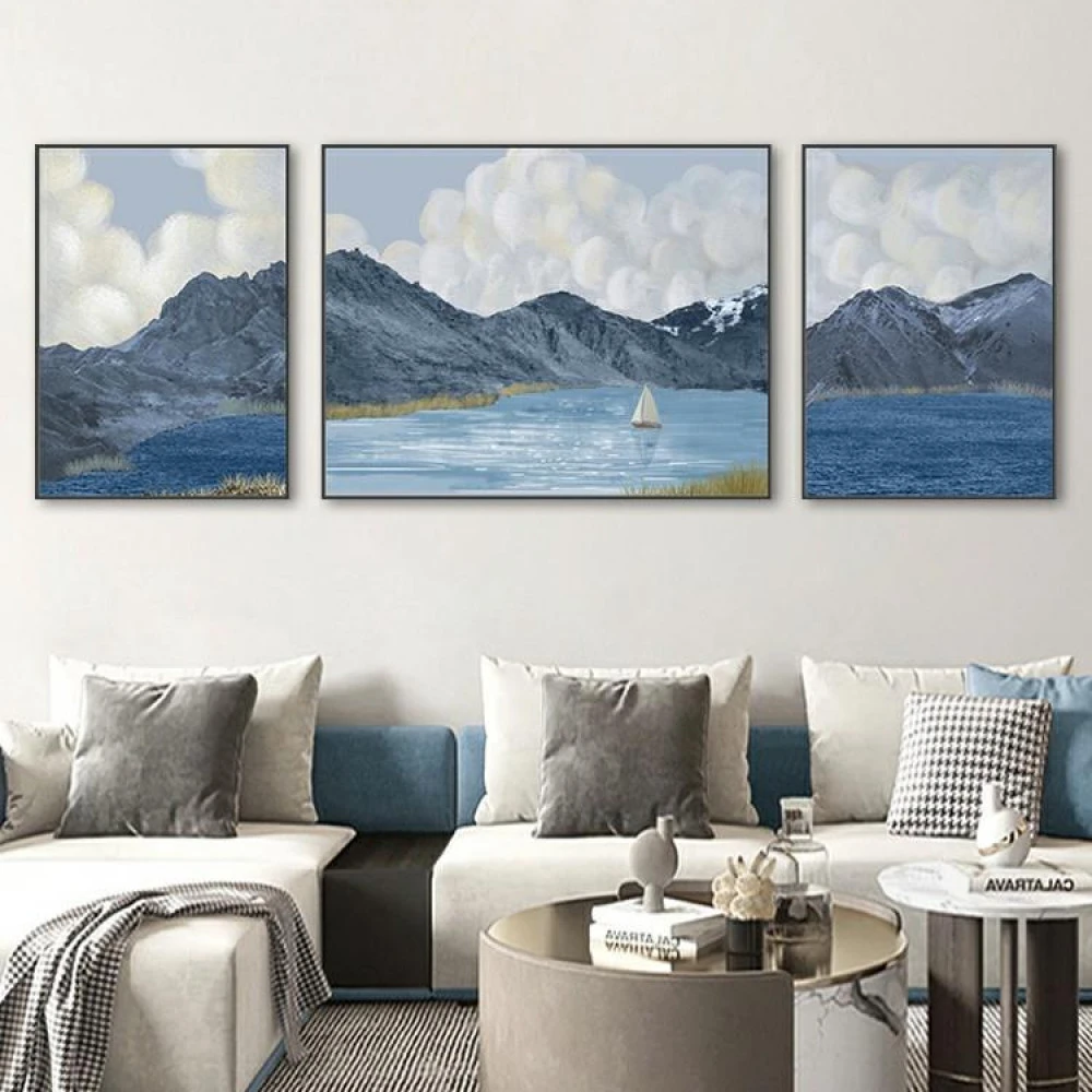 客厅装饰画现代简约沙发背景墙挂画高档风景山水墙画轻奢三联壁画