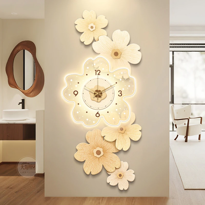 奶油风入户门玄关装饰画带钟表挂墙花卉走廊过道挂画创意时钟壁画