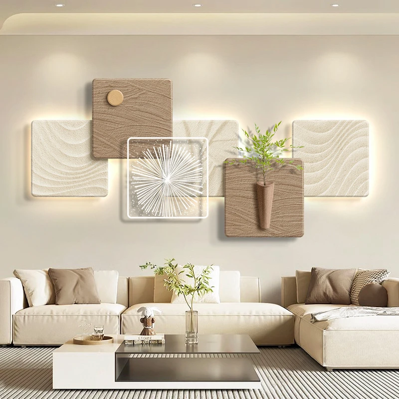 奶油侘寂风客厅装饰画立体极简沙发背景墙挂画高级感卧室带灯壁画