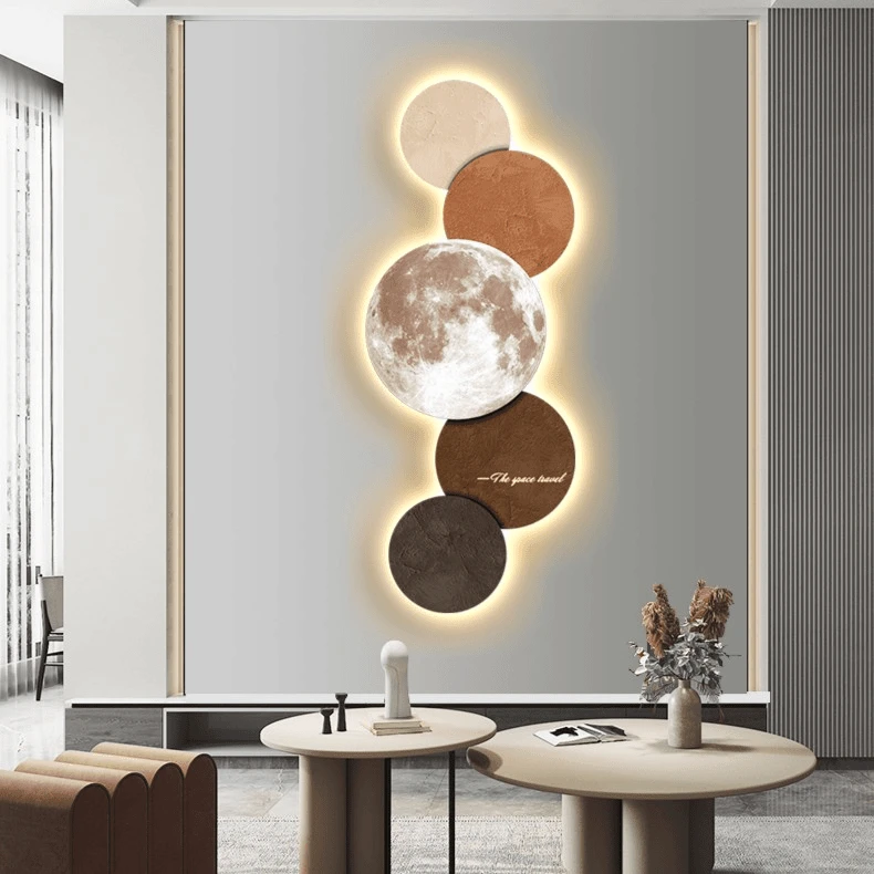 轻奢竖款高档玄关装饰画氛围灯画感挂画月球客厅走廊背景墙上壁画