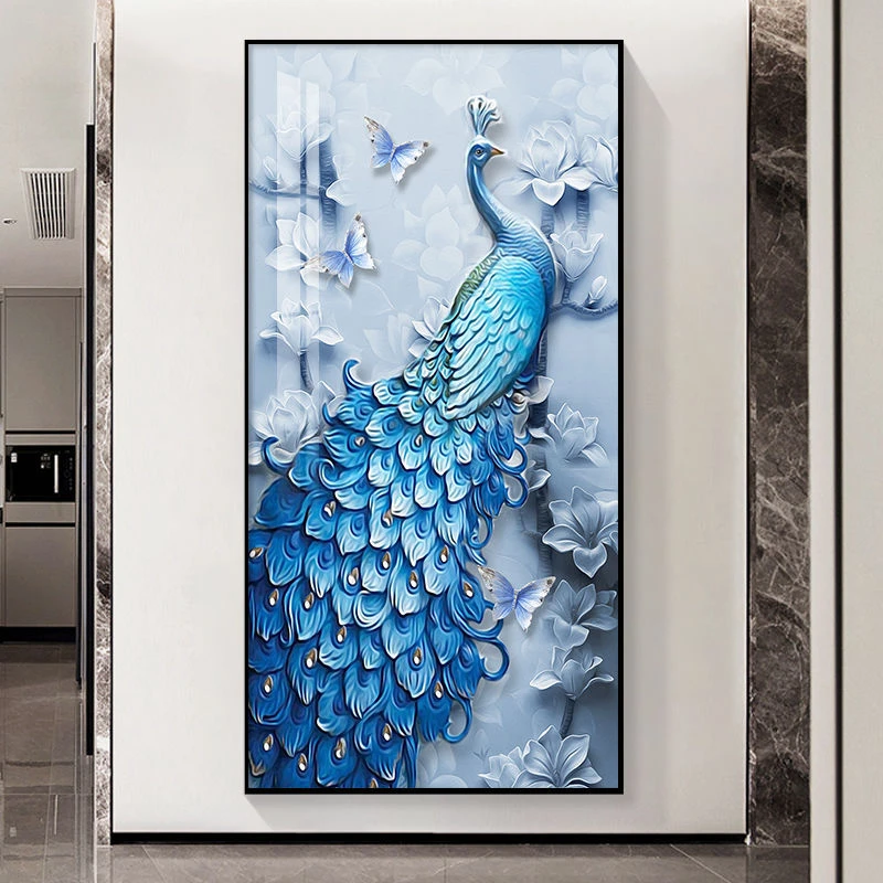 孔雀玄关装饰画简约风现代过道走廊尽头壁画大气客厅竖版吉祥墙画