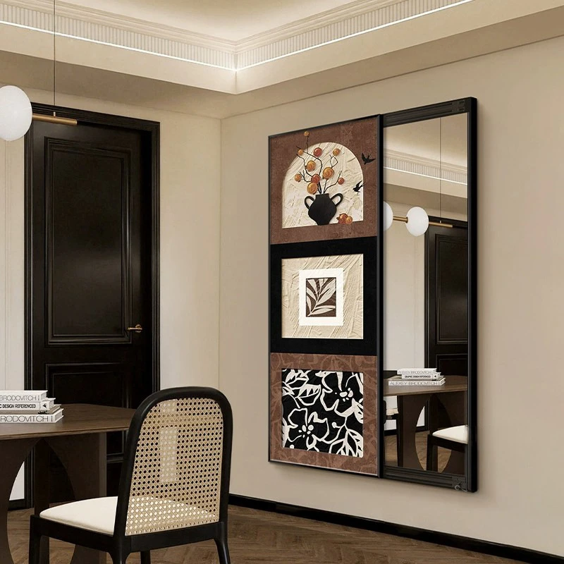 法式复古高级感抽象全身镜玄关挂画隐形穿衣镜装饰画可推拉暗藏式