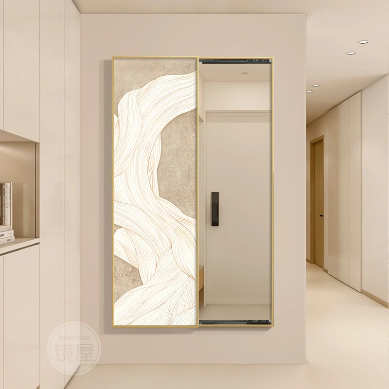 奶油风玄关装饰画全身镜隐藏式镜子抽象极简客厅可推拉穿衣镜挂画