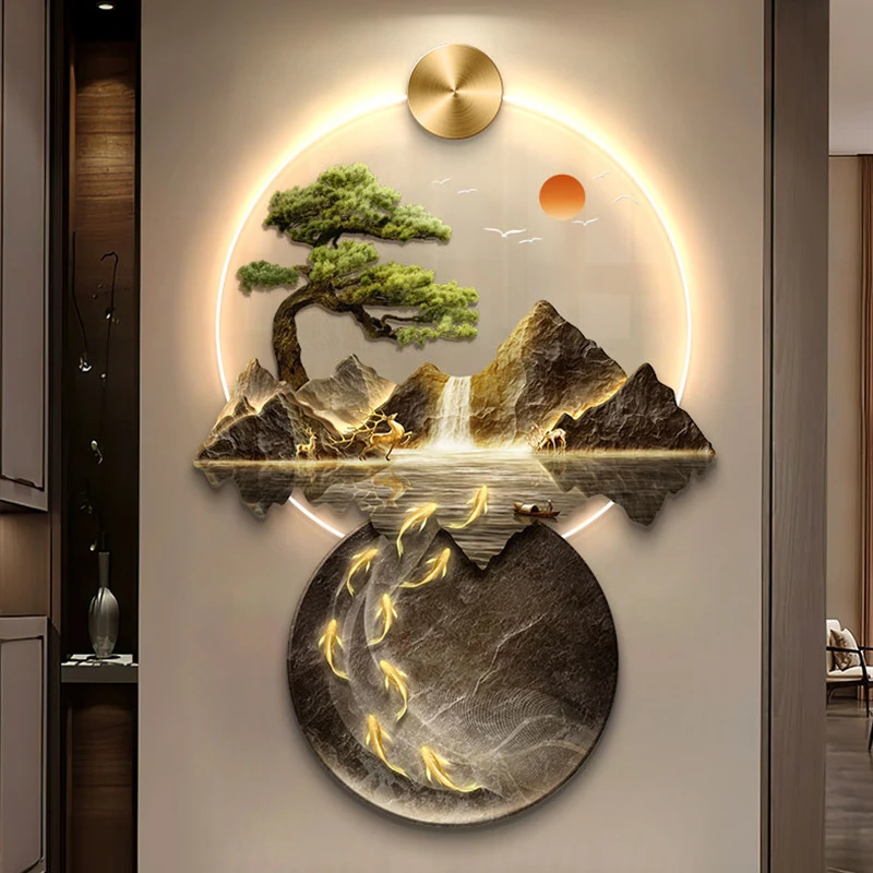 流水生财入户玄关装饰画新中式走廊过道挂画大气山水画高档壁灯画