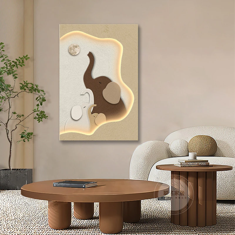 奶油风玄关装饰画led灯画大象客厅沙发背景墙挂画高档立体砂岩画