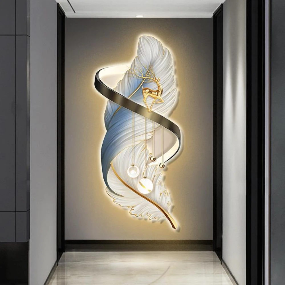 新款玄关装饰画 羽毛现代轻奢入户走廊挂画竖版led灯画过道墙壁画