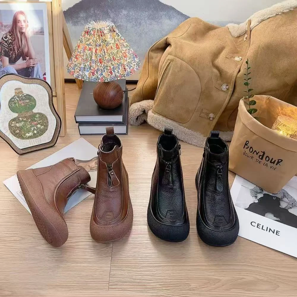 冬季短靴头层牛皮软底2024秋冬复古保暖棉靴加绒马丁靴