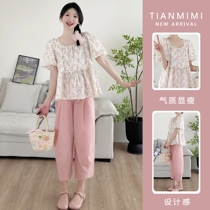 V家Y1650#夏款孕妇法式碎花娃娃衫方领泡泡袖上衣