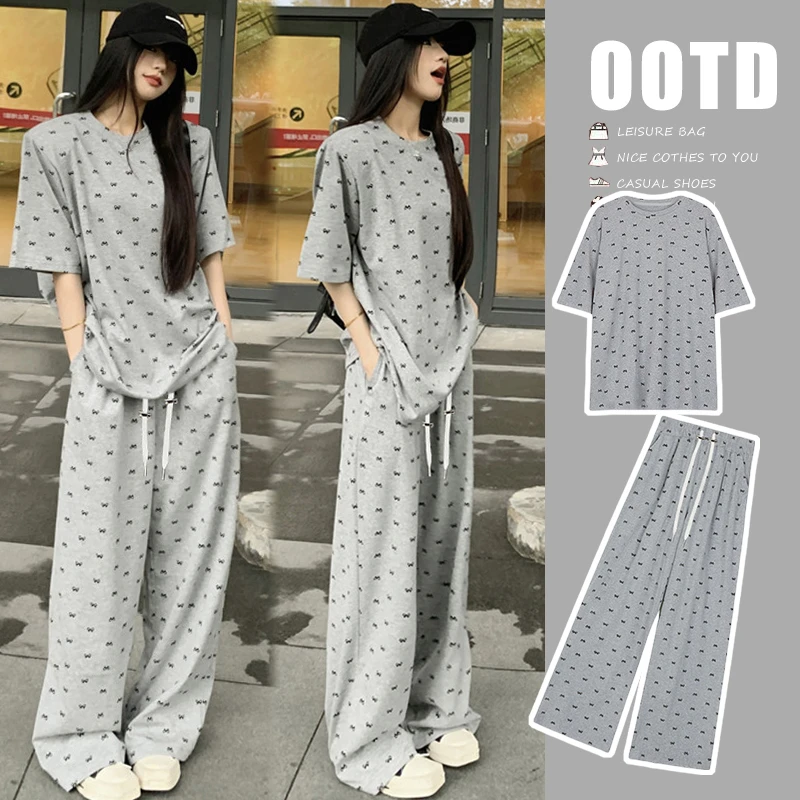 X2783#5.21 2024宽松显瘦蝴蝶结印花垫肩甜酷T恤+猪鼻扣休闲裤