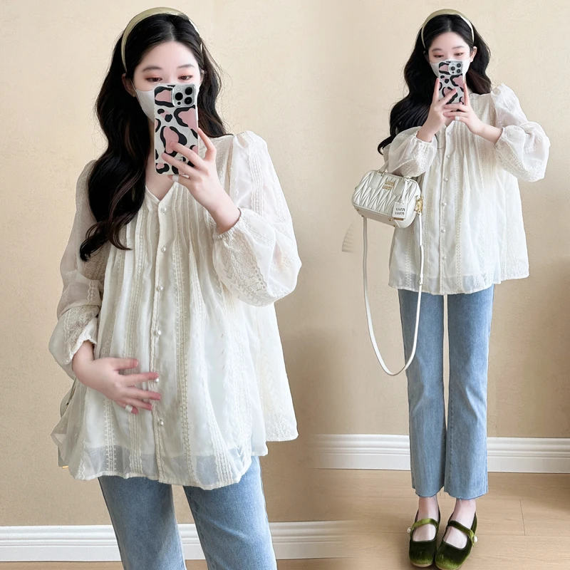 G527#8.9 2024秋季新款孕妇韩版V领蕾丝刺绣高级