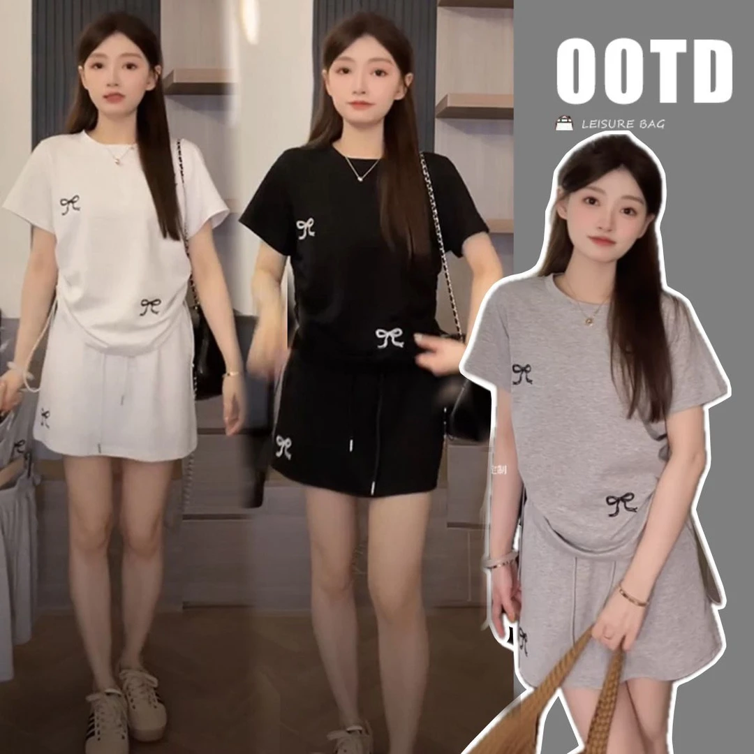 Y1742#【6.29-48H】新款2024设计感蝴蝶结刺绣抽绳上衣+半身裙套装