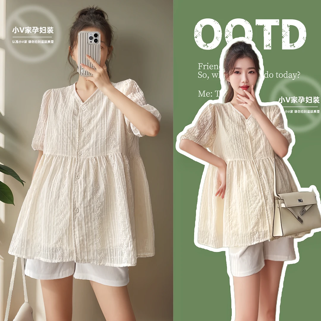 Y1272#【上衣套装】2024夏季孕妇韩版V领蕾丝花边刺绣娃娃衫上衣