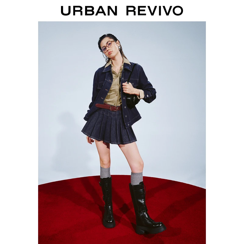 UR2024秋季新款女装复古摩登撞色明线压褶牛仔半裙UWU840083