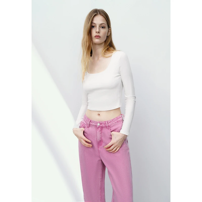 UR2024春季新款女装休闲简约百搭U领基础紧身长袖T恤UWB440018