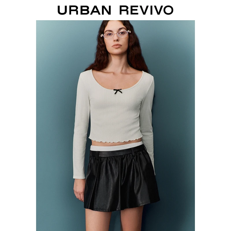 UR2024秋季新款女装减龄蝴蝶结肌理感U领长袖T恤UYU440068