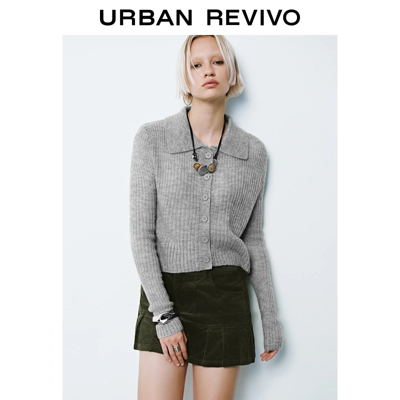UR女装格雷系翻领休闲纽扣针织开衫UYL940086