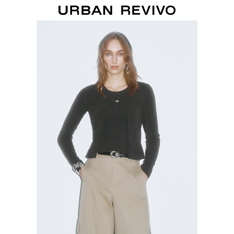 UR2024冬季新款女装设计感拼接假两件镂空长袖T恤UWJ440124