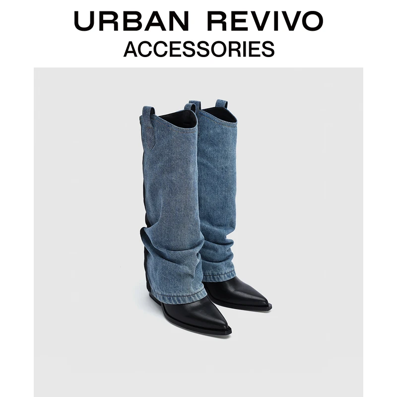 URBAN REVIVO女士拼接设计感尖头靴子UAWS40149