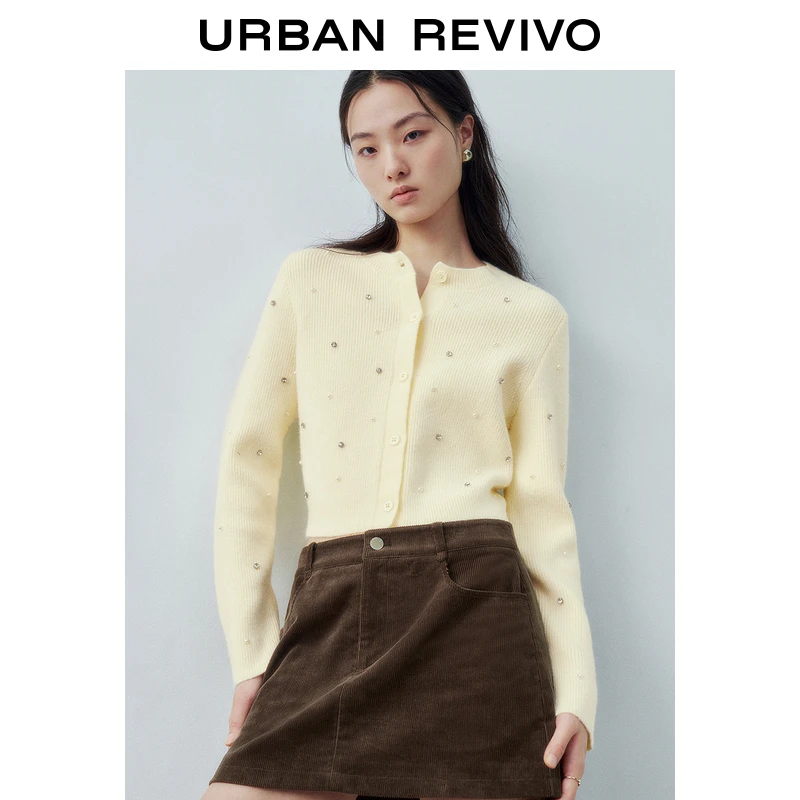 UR2024冬季新款女装温柔风钉钻装饰针织开衫UYY940070+