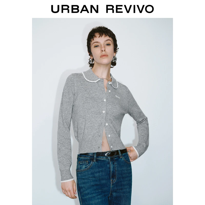 UR2024秋季新款女少女感蕾丝花边刺绣字母针织开衫UYY940024+