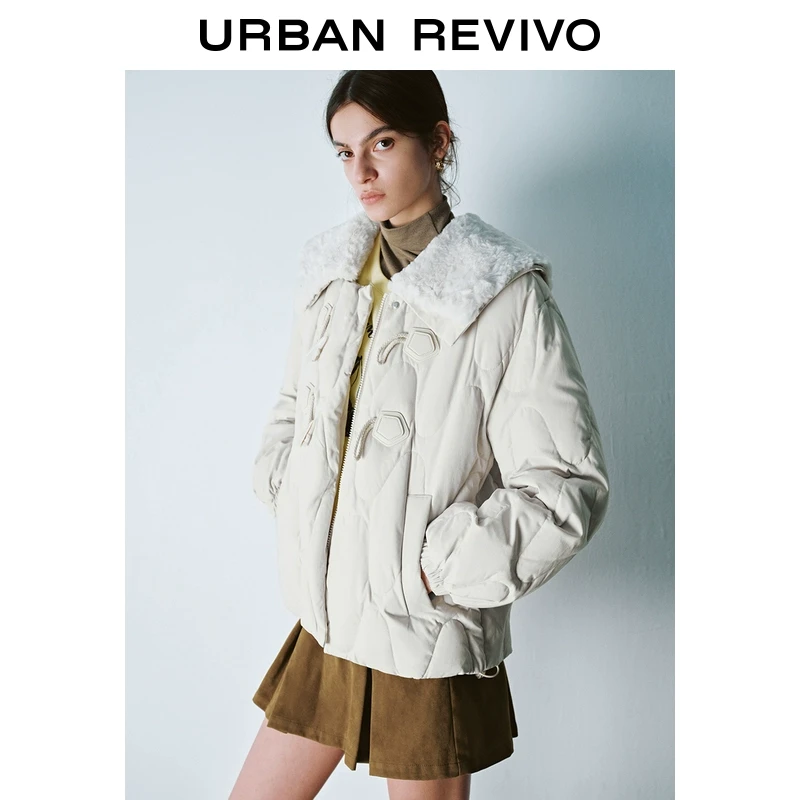 UR女温柔风拼接毛领牛角扣宽松羽绒服UYY140033