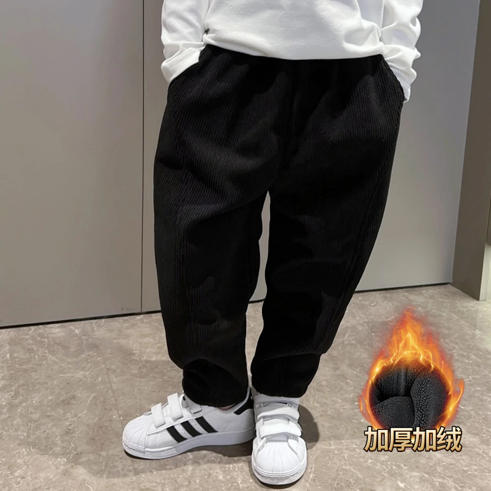 男童冬季加绒裤子2024新款男孩一体绒灯芯绒裤子儿童加厚百搭长裤