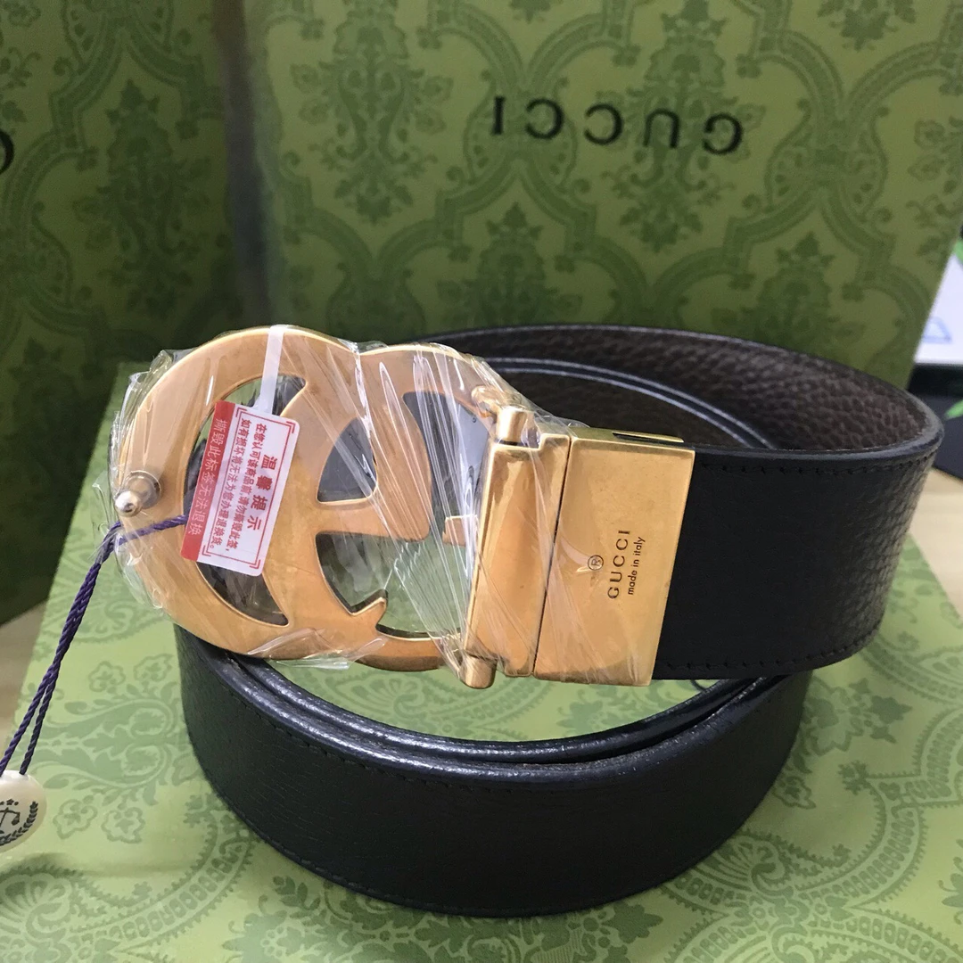 95新 GUCCI/古驰 双G做旧金扣头 棕色掌纹牛皮腰带90码