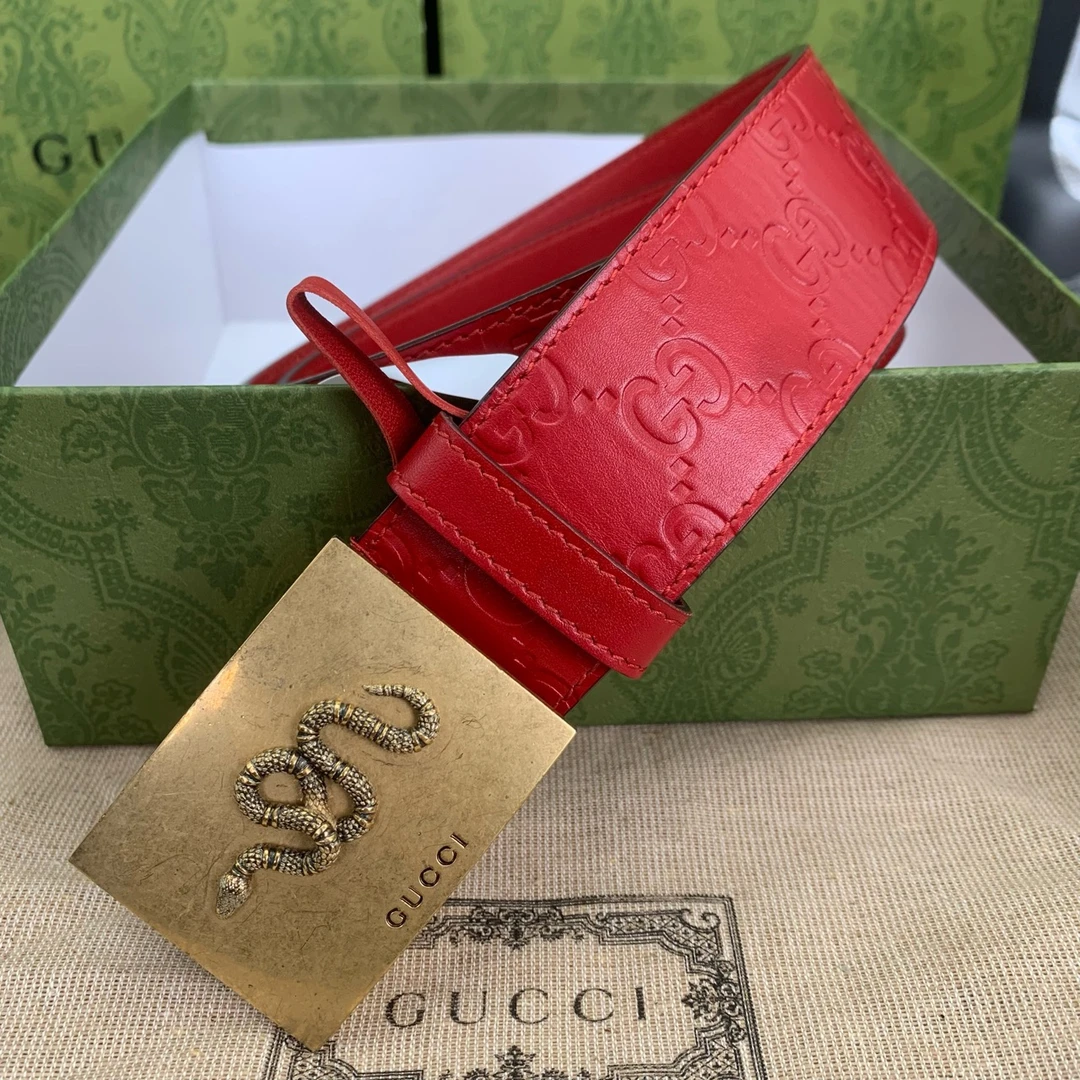全新未使用 GUCCI/古驰 蛇头金色平滑扣 满印压花腰带85码4cm