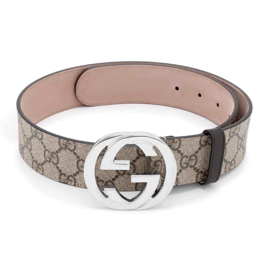 全新未使用 GUCCI/古驰 银扣双G桃木色老花牛皮腰带 宽4cm