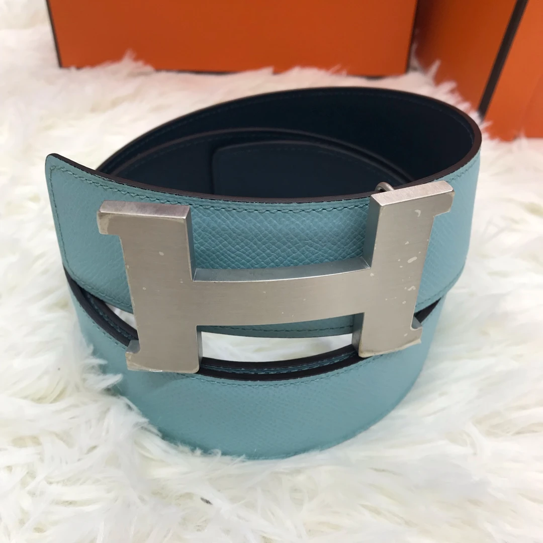 99新 Hermes/爱马仕 90码拉丝银扣 光面荔枝纹腰带浅蓝深蓝 宽4.2