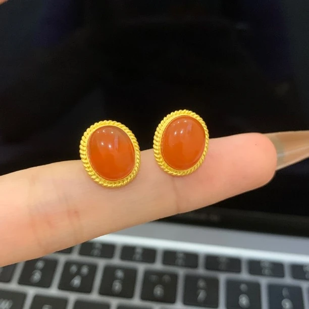 足金999天然南红黄金镶嵌耳钉