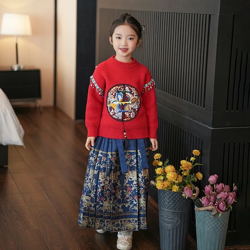 吉米家族【红蓝】女童马面裙针织衫套装冬季拜年服国风毛衣套裙冬款