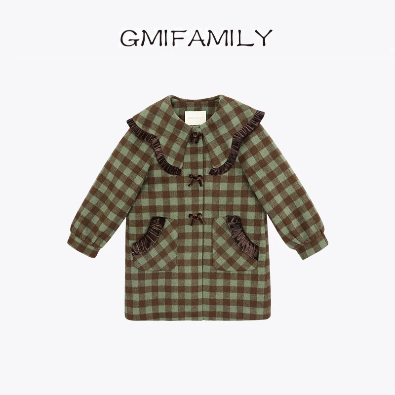 女童毛呢外套2025秋冬新款中大童洋气复古格纹中长款翻领大衣童装