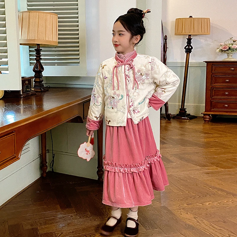 女童国风新中式棉服外套2025冬季新款古风小女孩上衣半身裙子童装