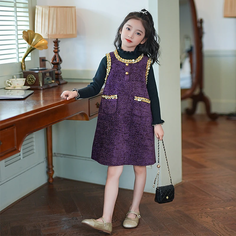 女童小香风背心裙秋冬款2025新款儿童女孩时尚洋气紫色连衣裙童装