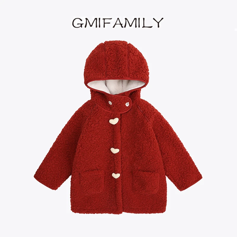 原创设计【冬日多巴胺】女童红色连帽外套羊羔绒韩版洋气保暖上衣冬
